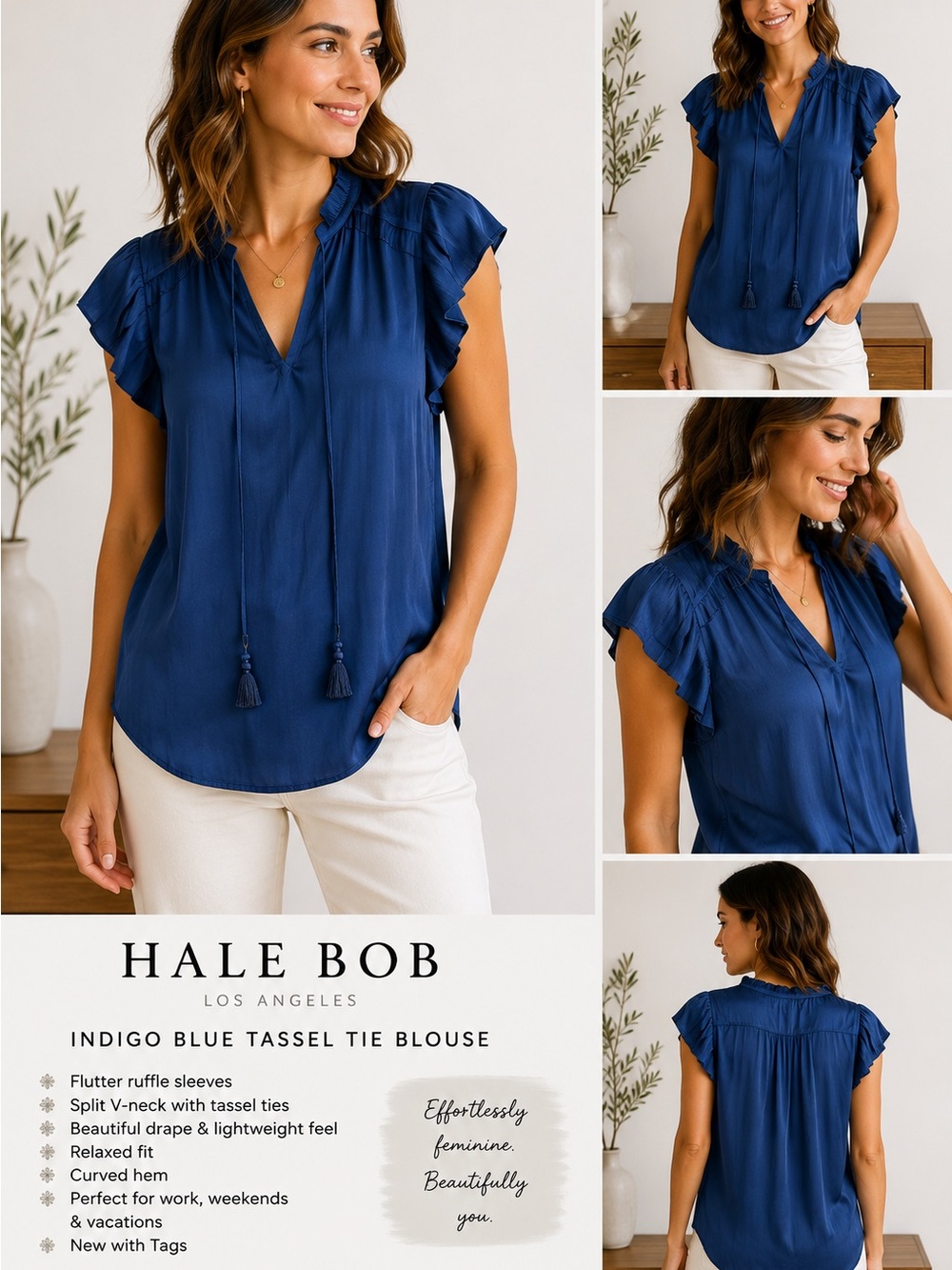 NWT Hale Bob Indigo Blue Flutter Sleeve Tassel Tie Blouse XS